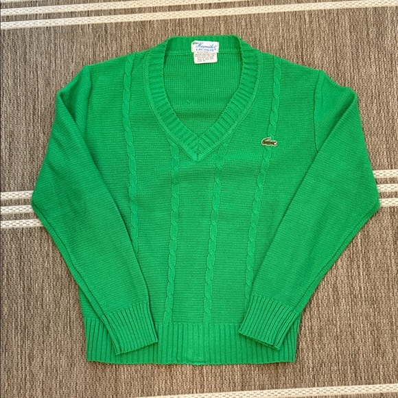 Authentic Vintage Haymaker Lacoste Kelly Green V-Neck Cable Knit Sweater Size 40 - Picture 1 of 9